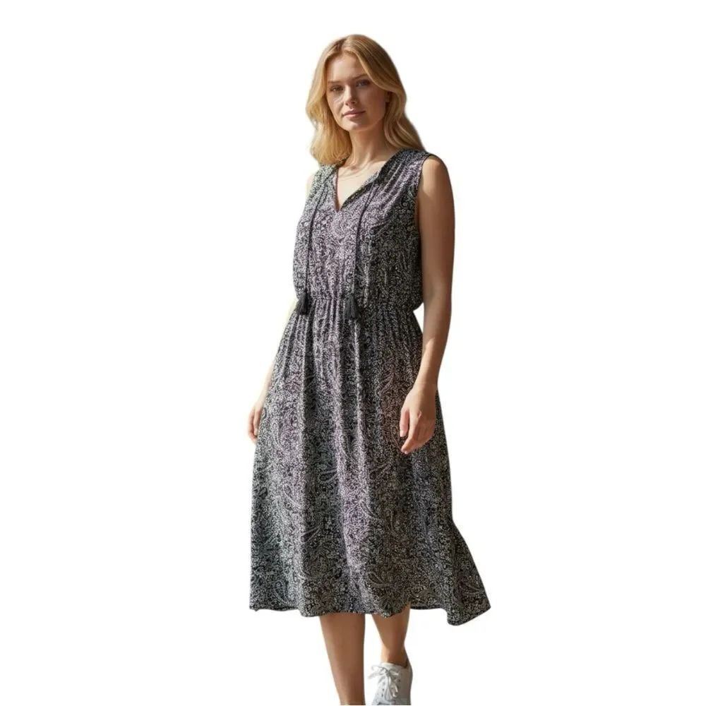 Black Pintuck Floral Vacation Resort Summer Spring Swing Lightweight Dress sz L